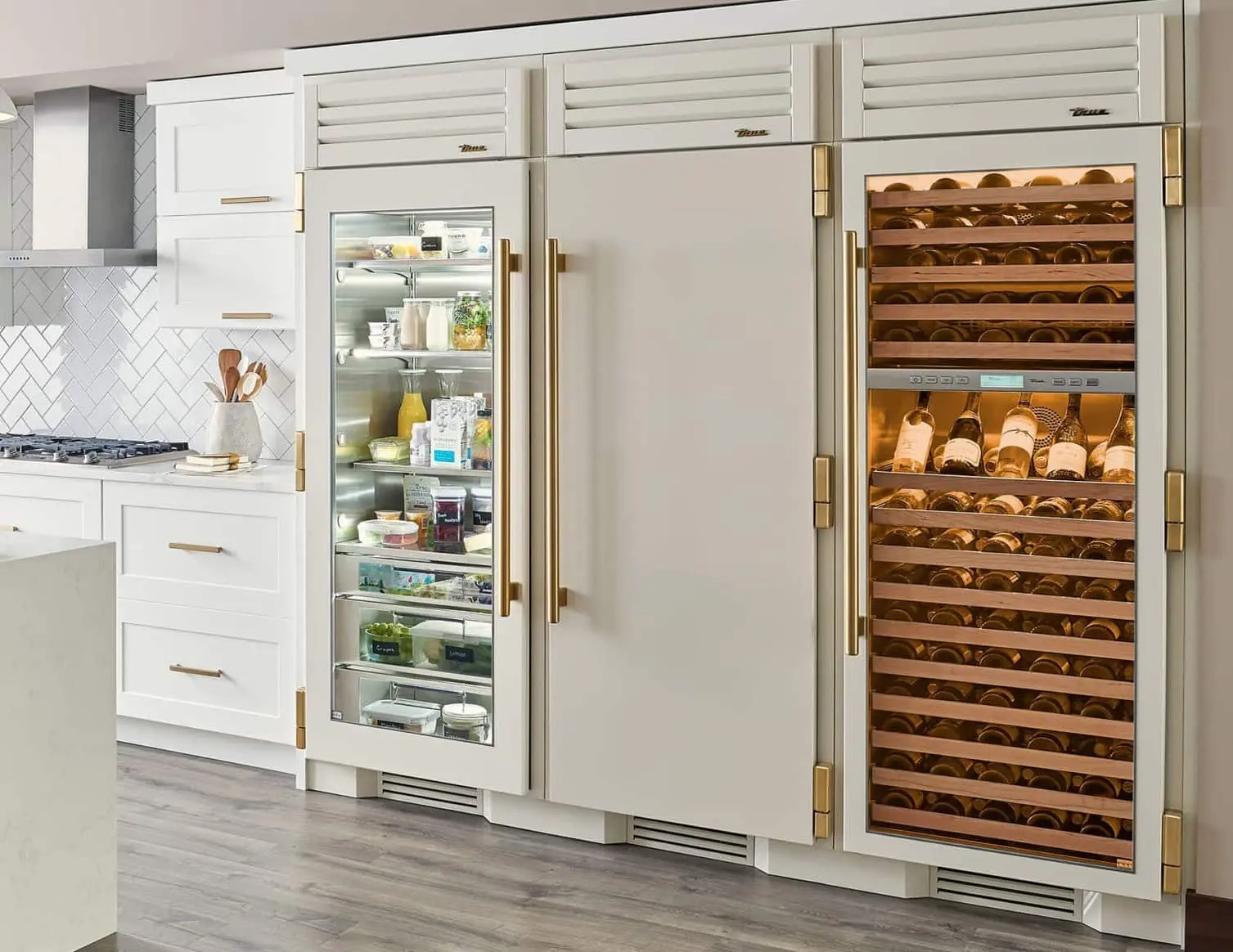 Fridge, freezer, wine cooler set up from True residential